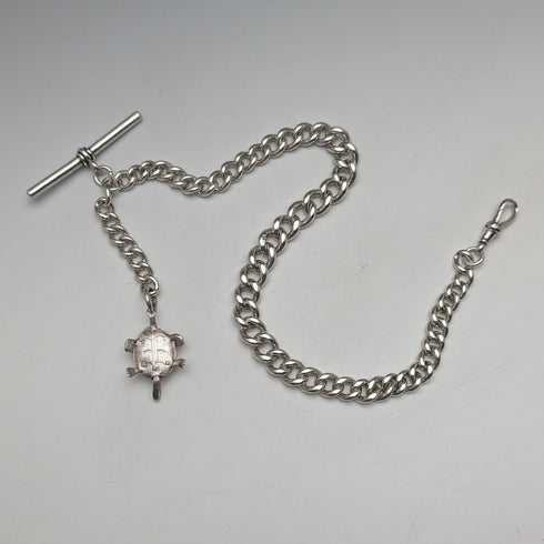 Circa 1900 British antique sterling silver super thick Albert chain 71g turtle charm fob
